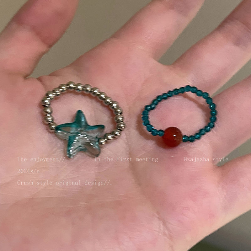 Mint Green Starfish Beaded Ring Women's Summer Fashion Personalized Girlfriend Food Finger Ring Niche Design Elegant All-match Ring