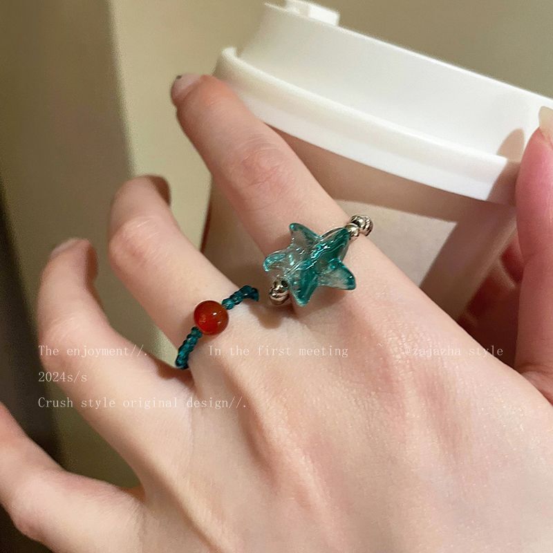 Mint Green Starfish Beaded Ring Women's Summer Fashion Personalized Girlfriend Food Finger Ring Niche Design Elegant All-match Ring
