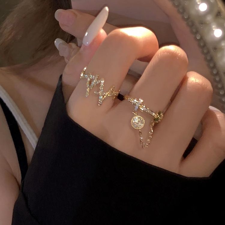 Spice! Japanese and Korean-style Flash Diamond Zircon Tassel Ring Women's Elegant All-match High-grade Light Luxury Niche Index Finger Ring