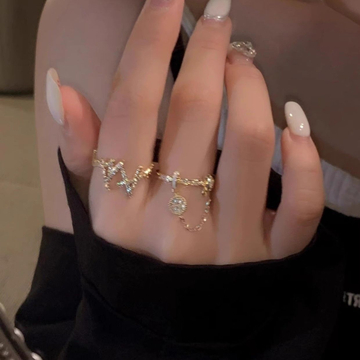 Spice! Japanese and Korean-style Flash Diamond Zircon Tassel Ring Women's Elegant All-match High-grade Light Luxury Niche Index Finger Ring