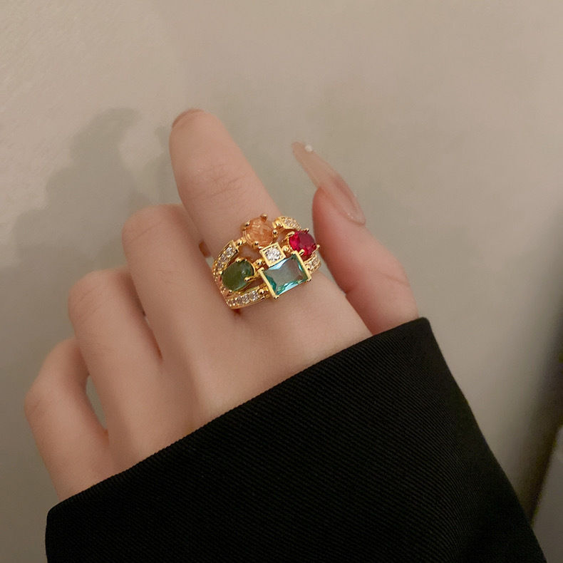 Zircon geometric oval multi-layer color opening ring fashion creative design feeling food finger ring personality bracelet