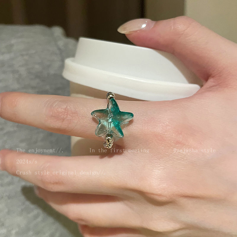 Mint Green Starfish Beaded Ring Women's Summer Fashion Personalized Girlfriend Food Finger Ring Niche Design Elegant All-match Ring