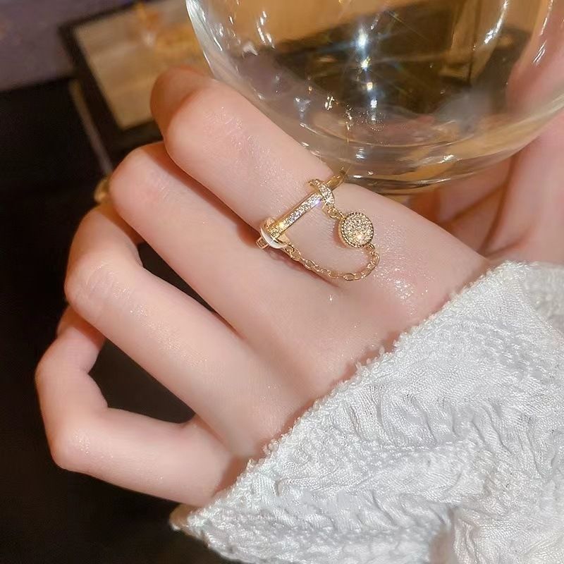 Spice! Japanese and Korean-style Flash Diamond Zircon Tassel Ring Women's Elegant All-match High-grade Light Luxury Niche Index Finger Ring