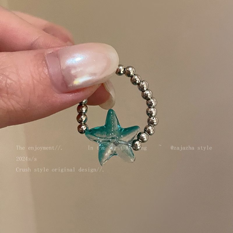 Mint Green Starfish Beaded Ring Women's Summer Fashion Personalized Girlfriend Food Finger Ring Niche Design Elegant All-match Ring