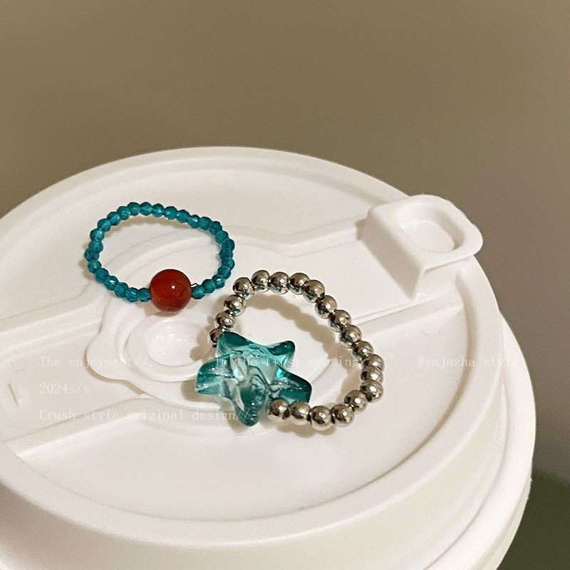 Mint Green Starfish Beaded Ring Women's Summer Fashion Personalized Girlfriend Food Finger Ring Niche Design Elegant All-match Ring