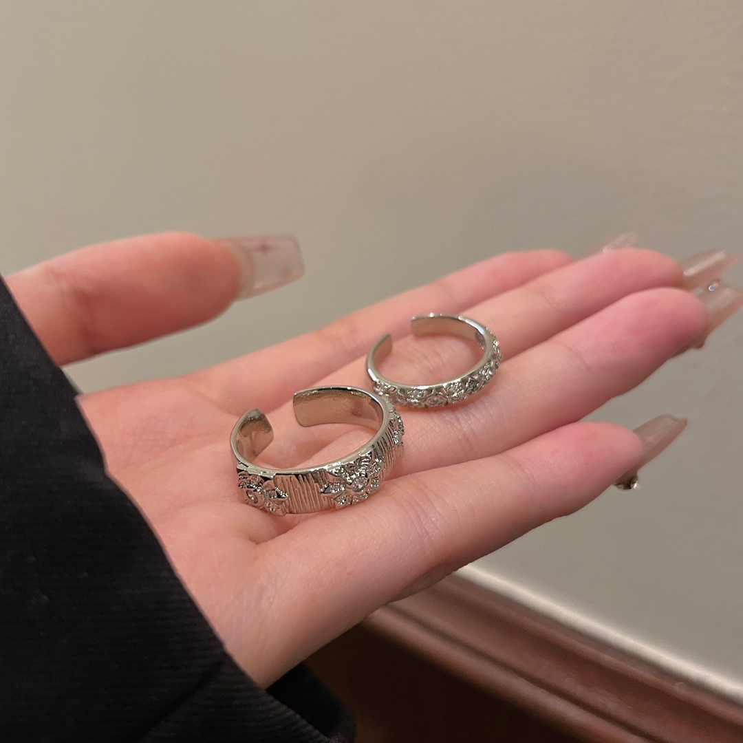 Titanium Steel Ring Wire Drawing Ring Two-piece Set with Opening Exquisite Full Zirconium Ring Ring Niche Light Luxury Ring for Couple