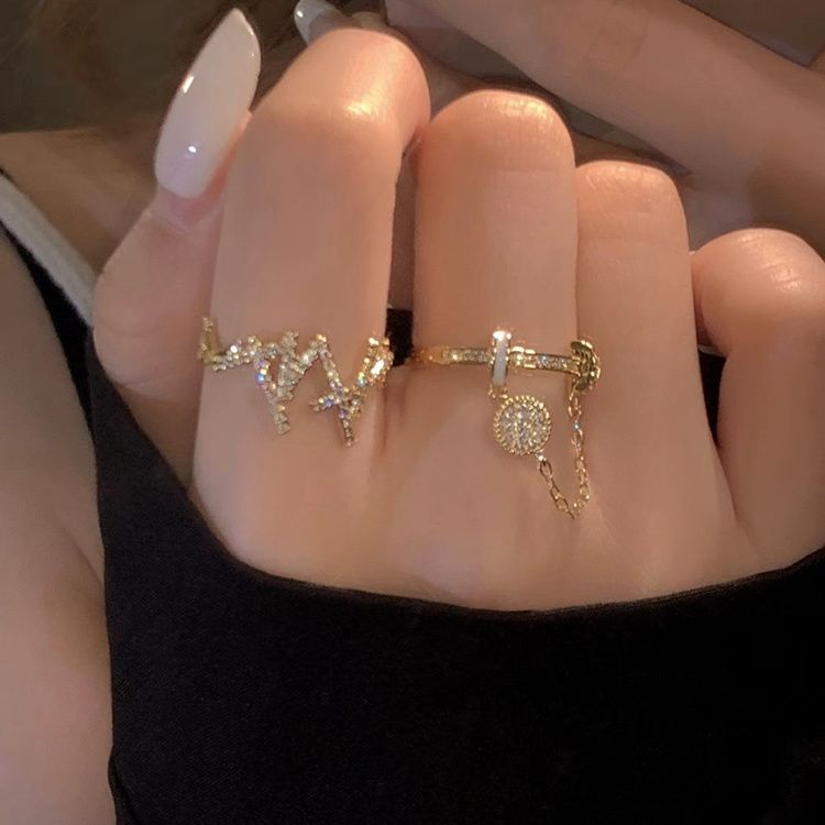 Spice! Japanese and Korean-style Flash Diamond Zircon Tassel Ring Women's Elegant All-match High-grade Light Luxury Niche Index Finger Ring