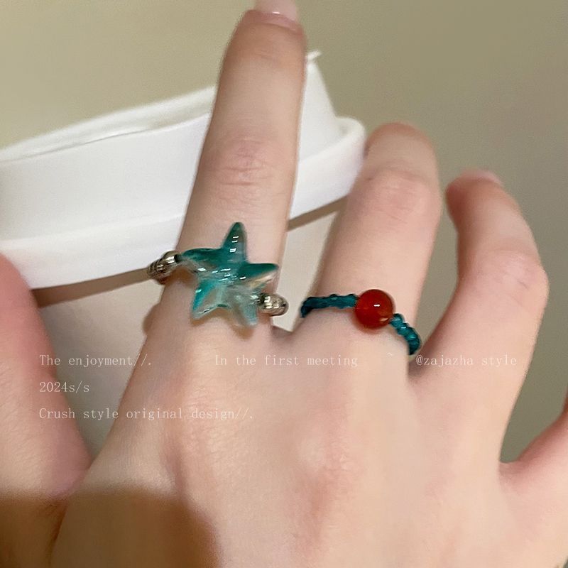 Mint Green Starfish Beaded Ring Women's Summer Fashion Personalized Girlfriend Food Finger Ring Niche Design Elegant All-match Ring
