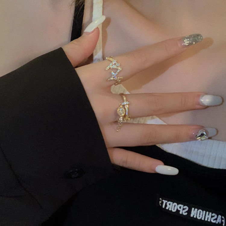 Spice! Japanese and Korean-style Flash Diamond Zircon Tassel Ring Women's Elegant All-match High-grade Light Luxury Niche Index Finger Ring