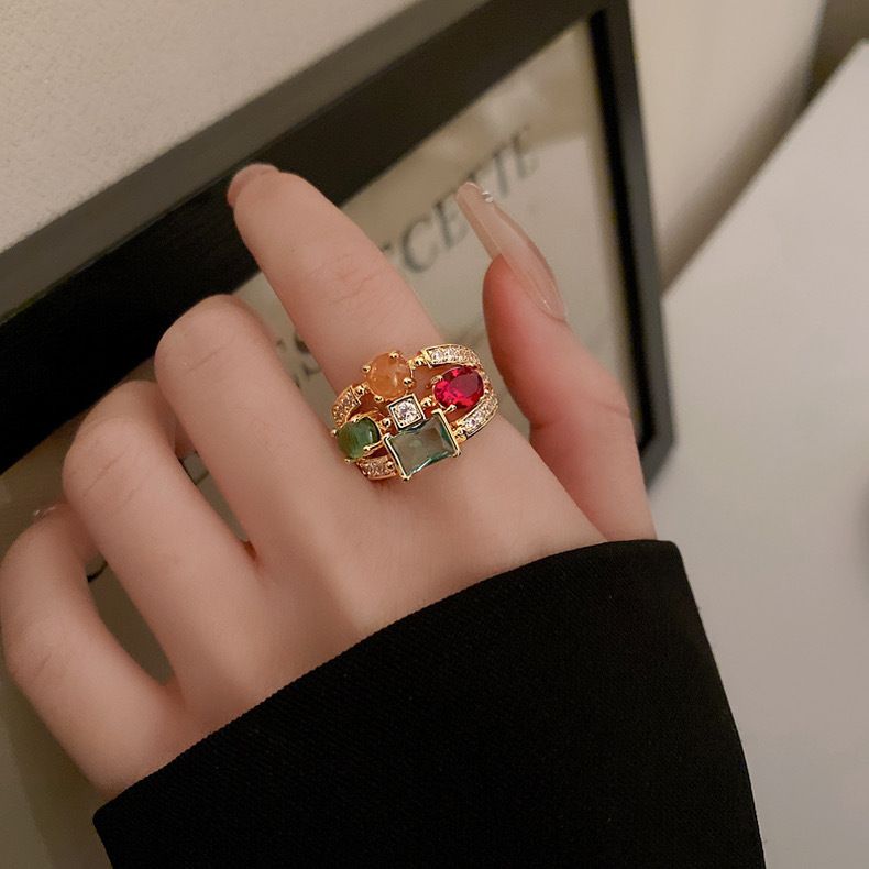 Zircon geometric oval multi-layer color opening ring fashion creative design feeling food finger ring personality bracelet