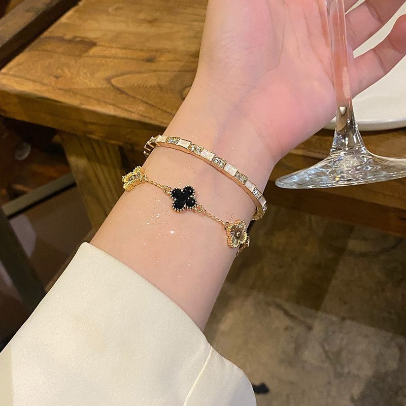 Stacked Bi in! Noble Bamboo Eye Open Bracelet Women's Light Luxury Laser Four-leaf Flower High-grade Elegant Bracelet