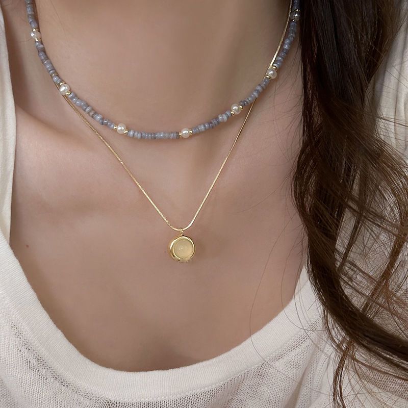 Sea Blue Natural Stone Stacked Necklace Women's 2024 New Style Accessories Light Luxury Niche Design Sweet Cool Necklace Chain