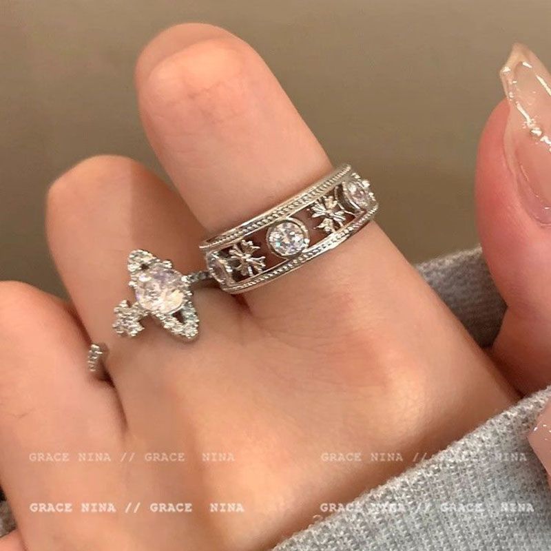 Saturn Girl! Flash Diamond Planet Ring Women's Light Luxury Niche Design Couple's Index Finger Ring Cold Style High Sense