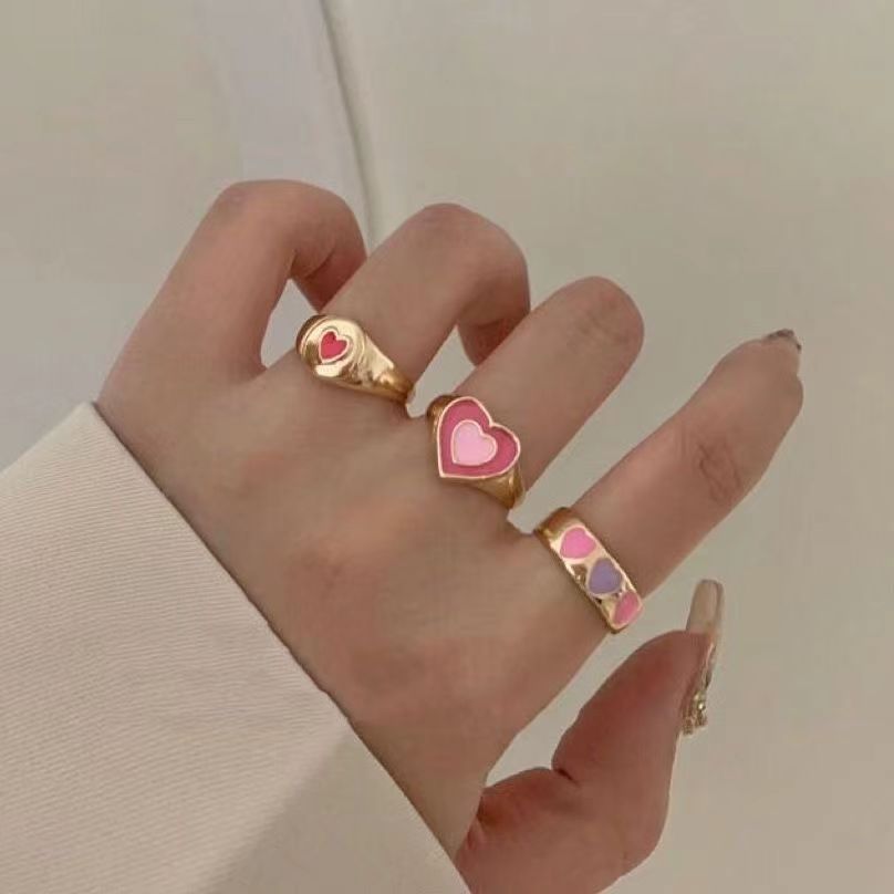 Pink Heart Ring ~ Niche Temperament Advanced Sense ins Sweet Cool Spice Girl Love Ring Stacked with Joint Ring for Women