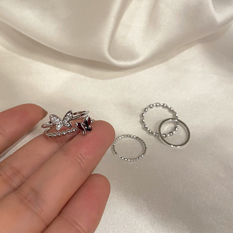 Titanium Steel Ring 4 Ring suit Super Fairy Butterfly Ring Women's All-match Niche Design Sense silver Opening Adjustable