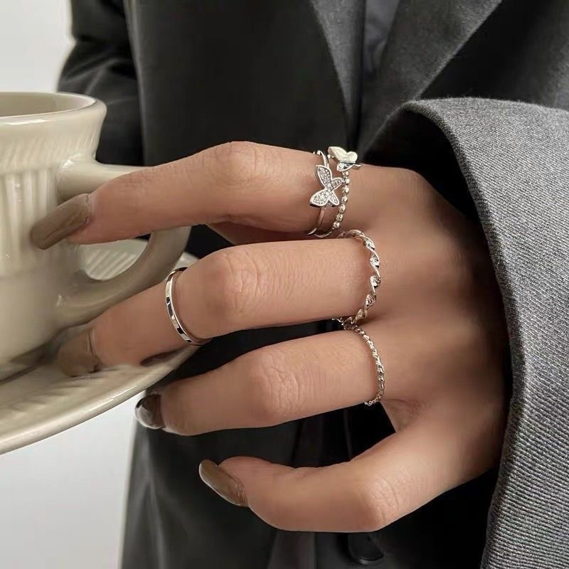 Titanium Steel Ring 4 Ring suit Super Fairy Butterfly Ring Women's All-match Niche Design Sense silver Opening Adjustable