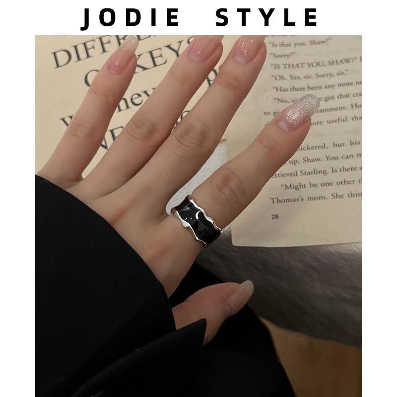 Advanced Texture Black Oil Dropping Ring for Men and Women Design Niche Couple Pair Ring Retro Hong Kong Style Wide Edition Finger Ring