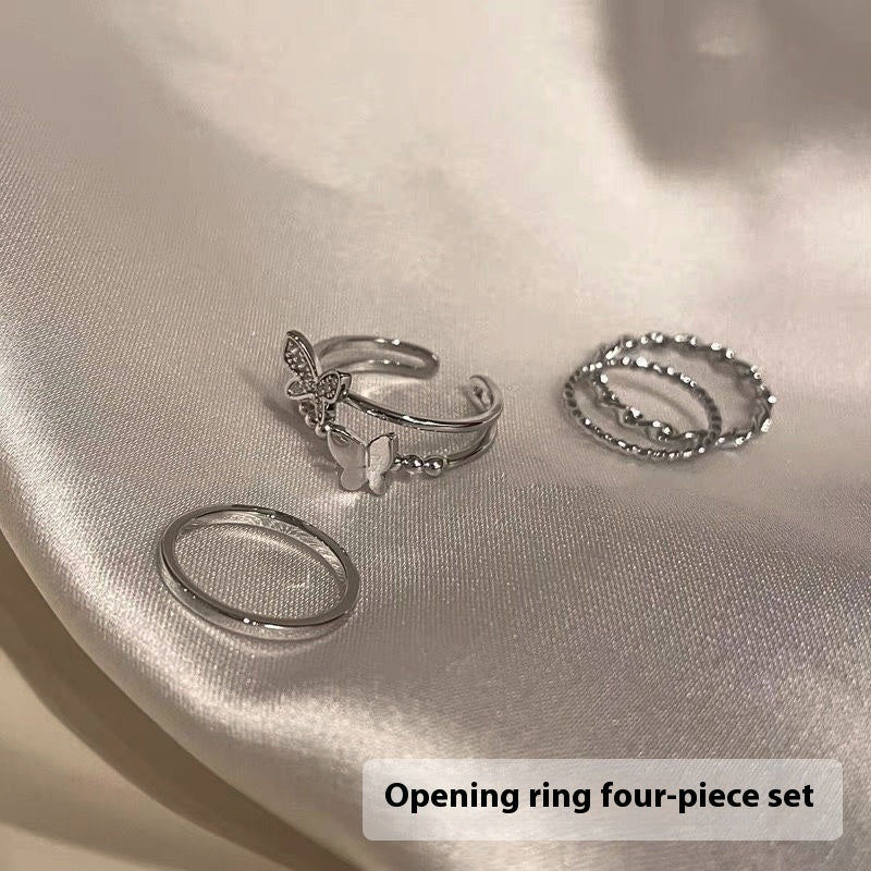 Titanium Steel Ring 4 Ring suit Super Fairy Butterfly Ring Women's All-match Niche Design Sense silver Opening Adjustable