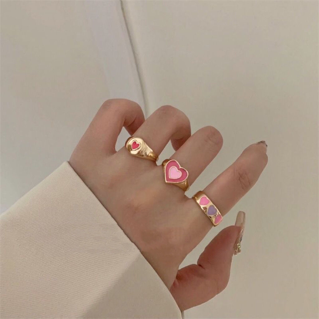 Pink Heart Ring ~ Niche Temperament Advanced Sense ins Sweet Cool Spice Girl Love Ring Stacked with Joint Ring for Women