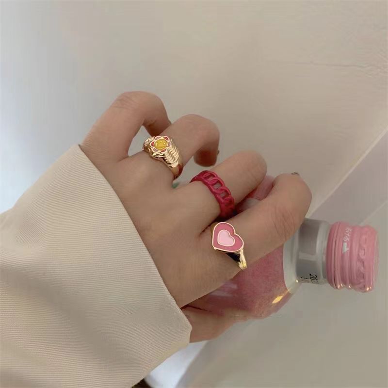 Pink Heart Ring ~ Niche Temperament Advanced Sense ins Sweet Cool Spice Girl Love Ring Stacked with Joint Ring for Women