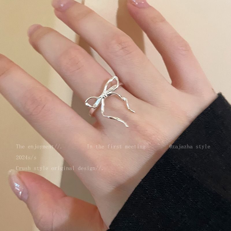 silver Bow Line Ring Women's Summer Ins Simple Cold Style Internet Celebrity Food Finger Ring Opening Adjustable Ring