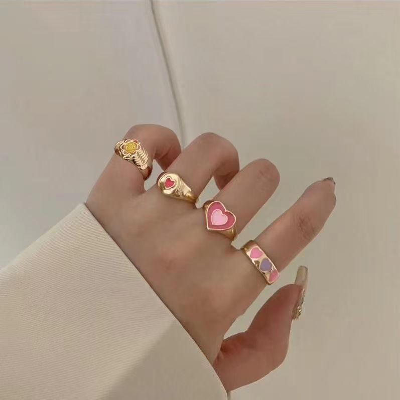 Pink Heart Ring ~ Niche Temperament Advanced Sense ins Sweet Cool Spice Girl Love Ring Stacked with Joint Ring for Women