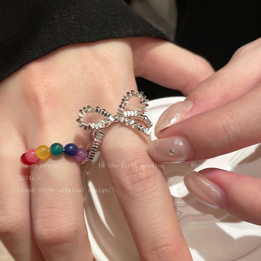 Rainbow Silver Beaded Ring Women's Niche Design Fashionable Distinctive Finger Ring Simple All-match Elastic Ring