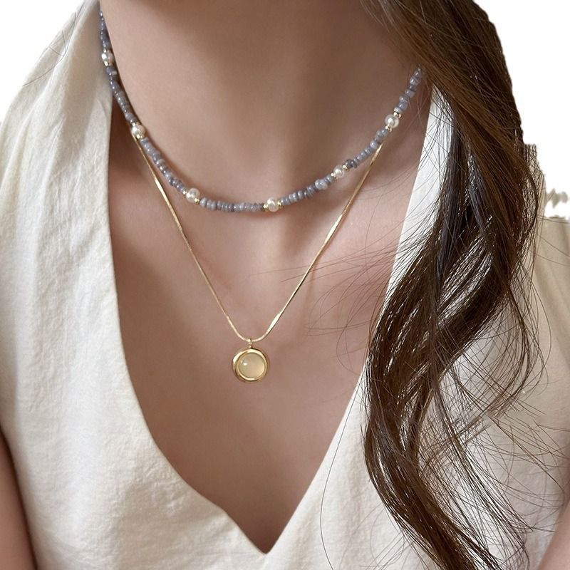 Sea Blue Natural Stone Stacked Necklace Women's 2024 New Style Accessories Light Luxury Niche Design Sweet Cool Necklace Chain