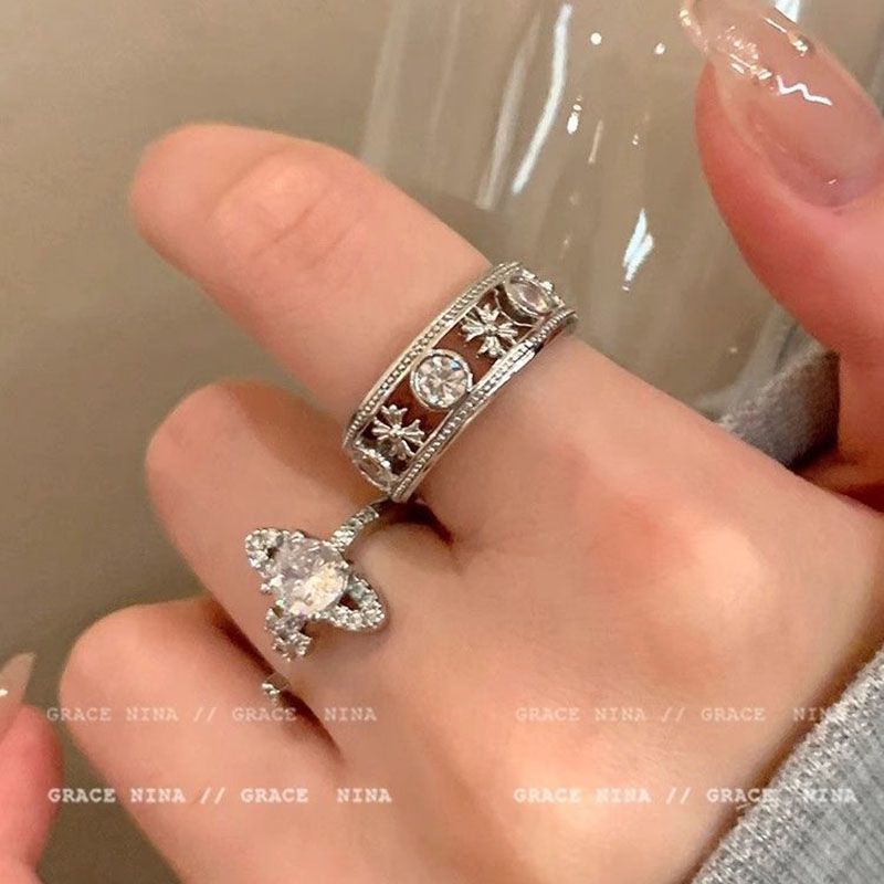 Saturn Girl! Flash Diamond Planet Ring Women's Light Luxury Niche Design Couple's Index Finger Ring Cold Style High Sense