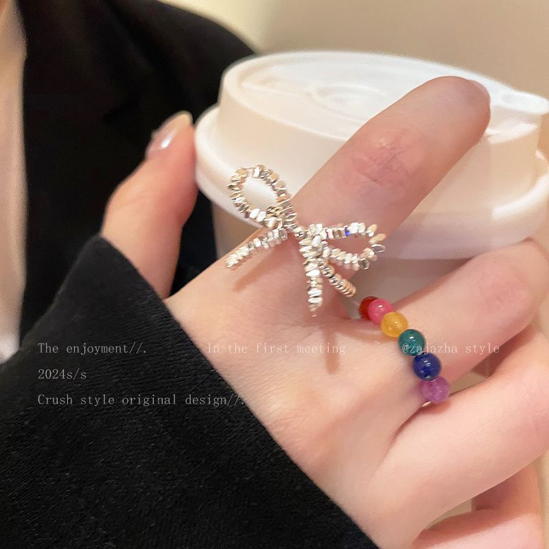 Rainbow Silver Beaded Ring Women's Niche Design Fashionable Distinctive Finger Ring Simple All-match Elastic Ring