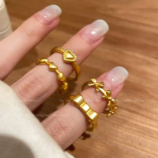 Golden Love Bow Stitching Open Ring Women's Niche Design Finger Ring Light Luxury High-end Retro Ring