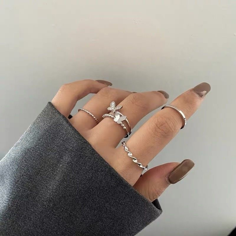 Titanium Steel Ring 4 Ring suit Super Fairy Butterfly Ring Women's All-match Niche Design Sense silver Opening Adjustable