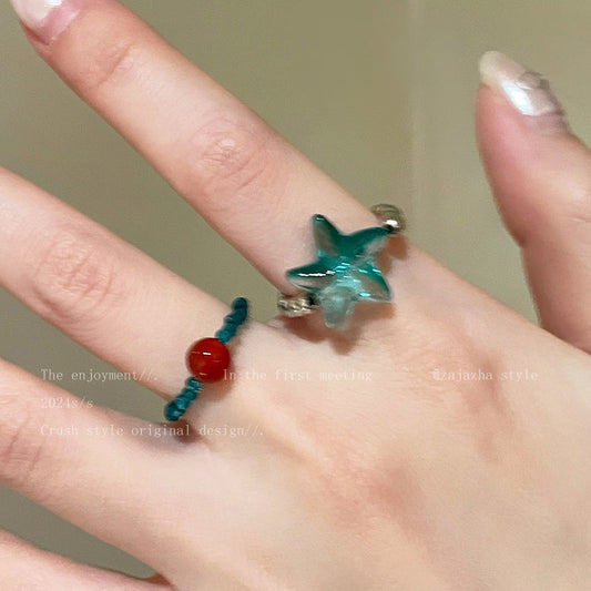 Mint Green Starfish Beaded Ring Women's Summer Fashion Personalized Girlfriend Food Finger Ring Niche Design Elegant All-match Ring