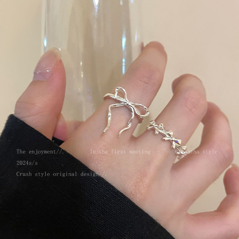 silver Bow Line Ring Women's Summer Ins Simple Cold Style Internet Celebrity Food Finger Ring Opening Adjustable Ring