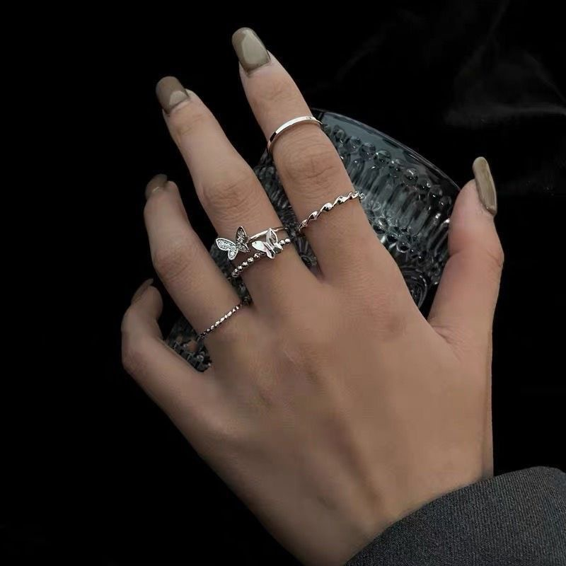 Titanium Steel Ring 4 Ring suit Super Fairy Butterfly Ring Women's All-match Niche Design Sense silver Opening Adjustable