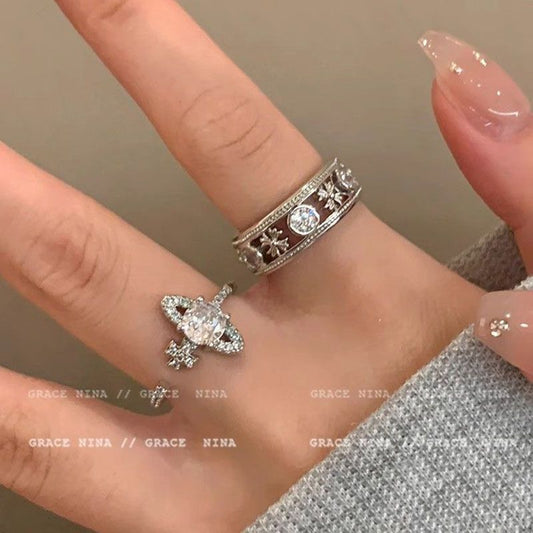 Saturn Girl! Flash Diamond Planet Ring Women's Light Luxury Niche Design Couple's Index Finger Ring Cold Style High Sense