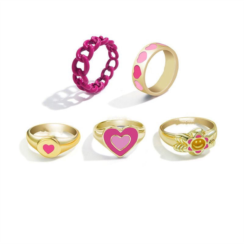 Pink Heart Ring ~ Niche Temperament Advanced Sense ins Sweet Cool Spice Girl Love Ring Stacked with Joint Ring for Women