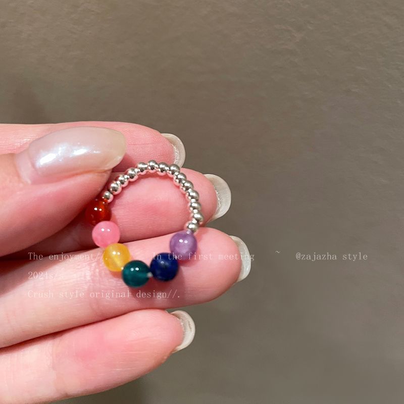 Rainbow Silver Beaded Ring Women's Niche Design Fashionable Distinctive Finger Ring Simple All-match Elastic Ring